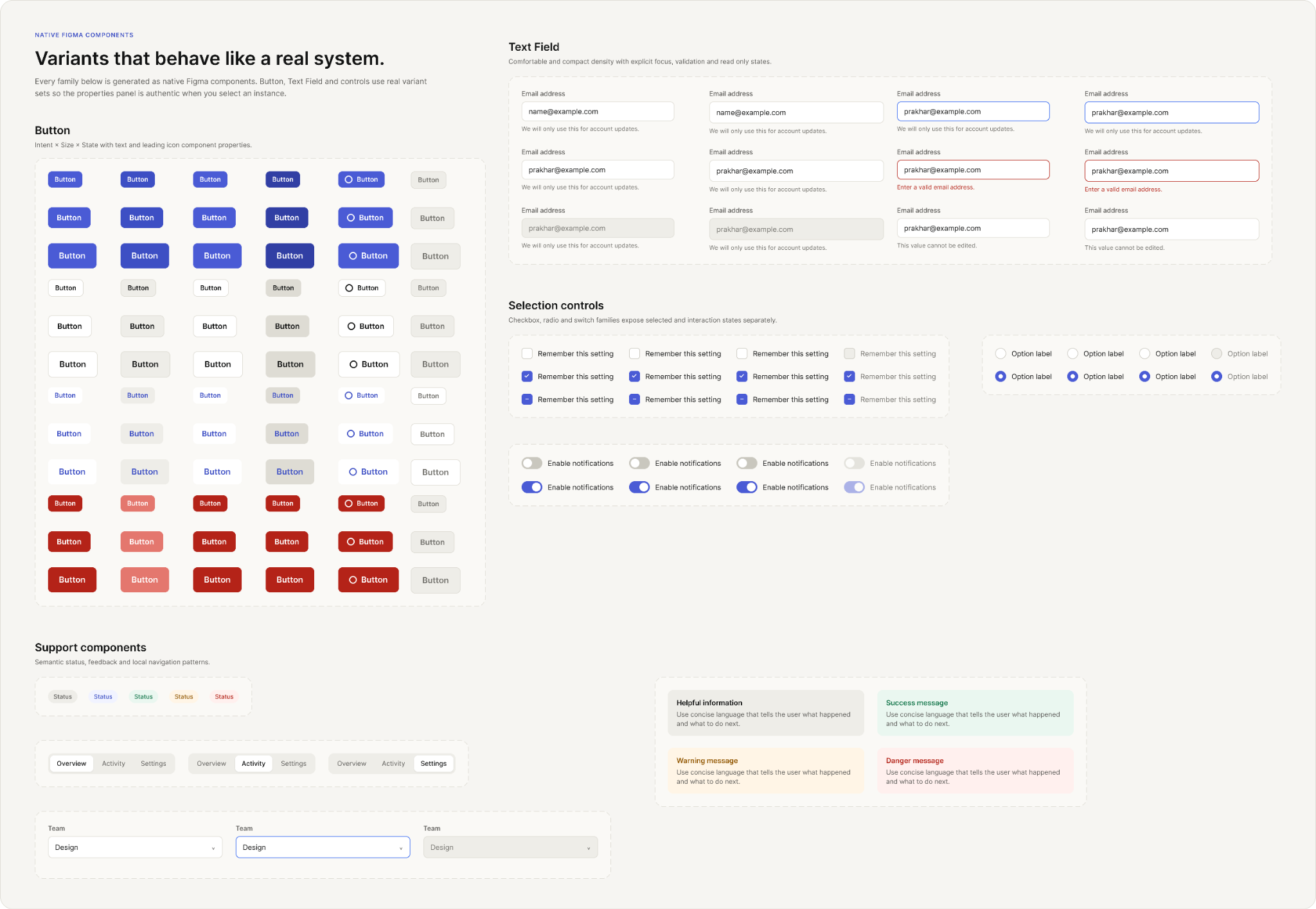 Aster Components board showing button, text field, selection, feedback, tab, and select component matrices.