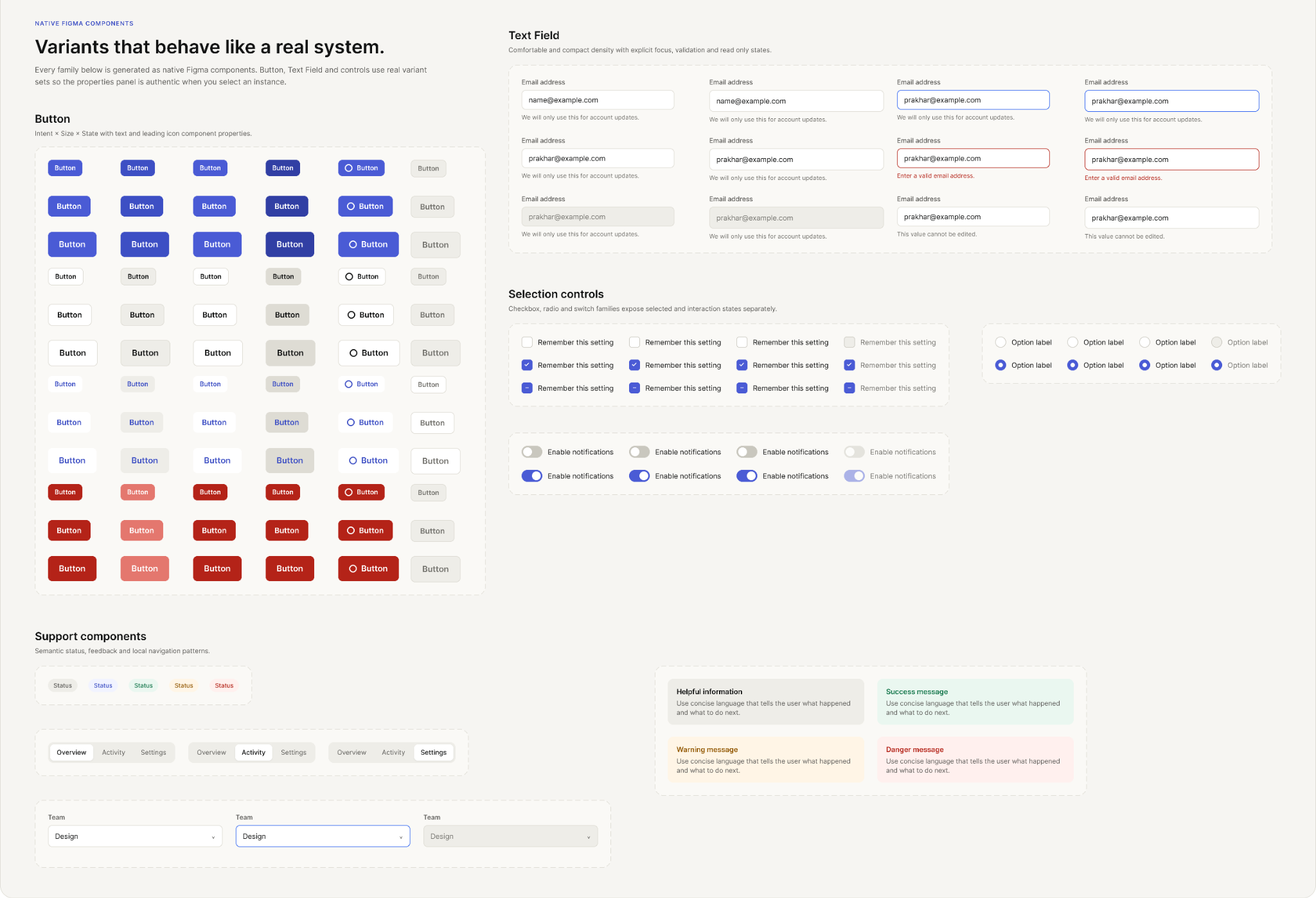 Aster Components board showing button, text field, selection, feedback, tab, and select component matrices.