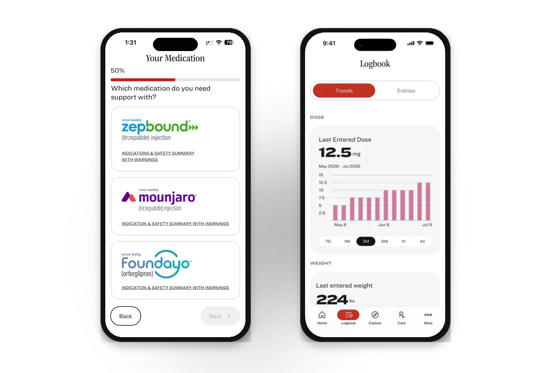 Lilly Health released product screens showing medication onboarding and health data Trends