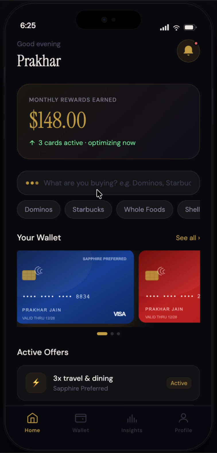 Klariq merchant intelligence and card reward recommendation interface
