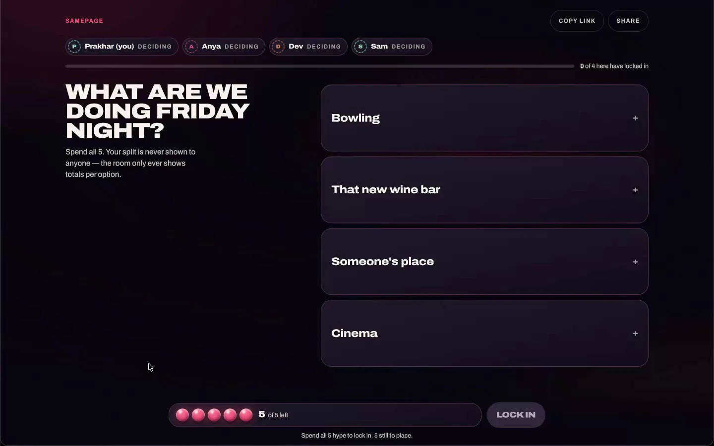 SamePage active room with five HYPE ready to spend