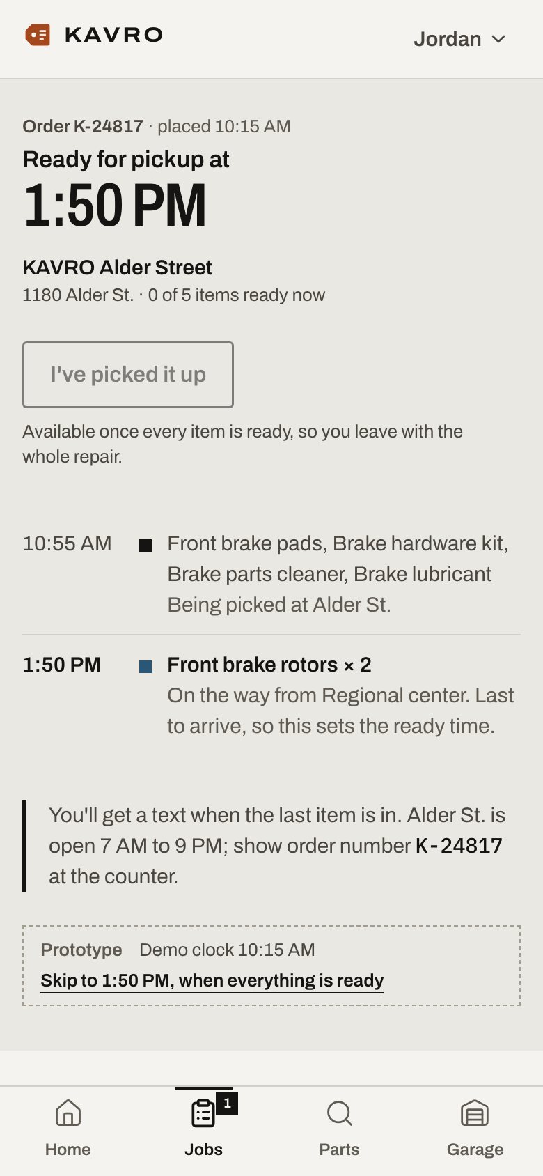 KAVRO order continuing into pickup and readiness