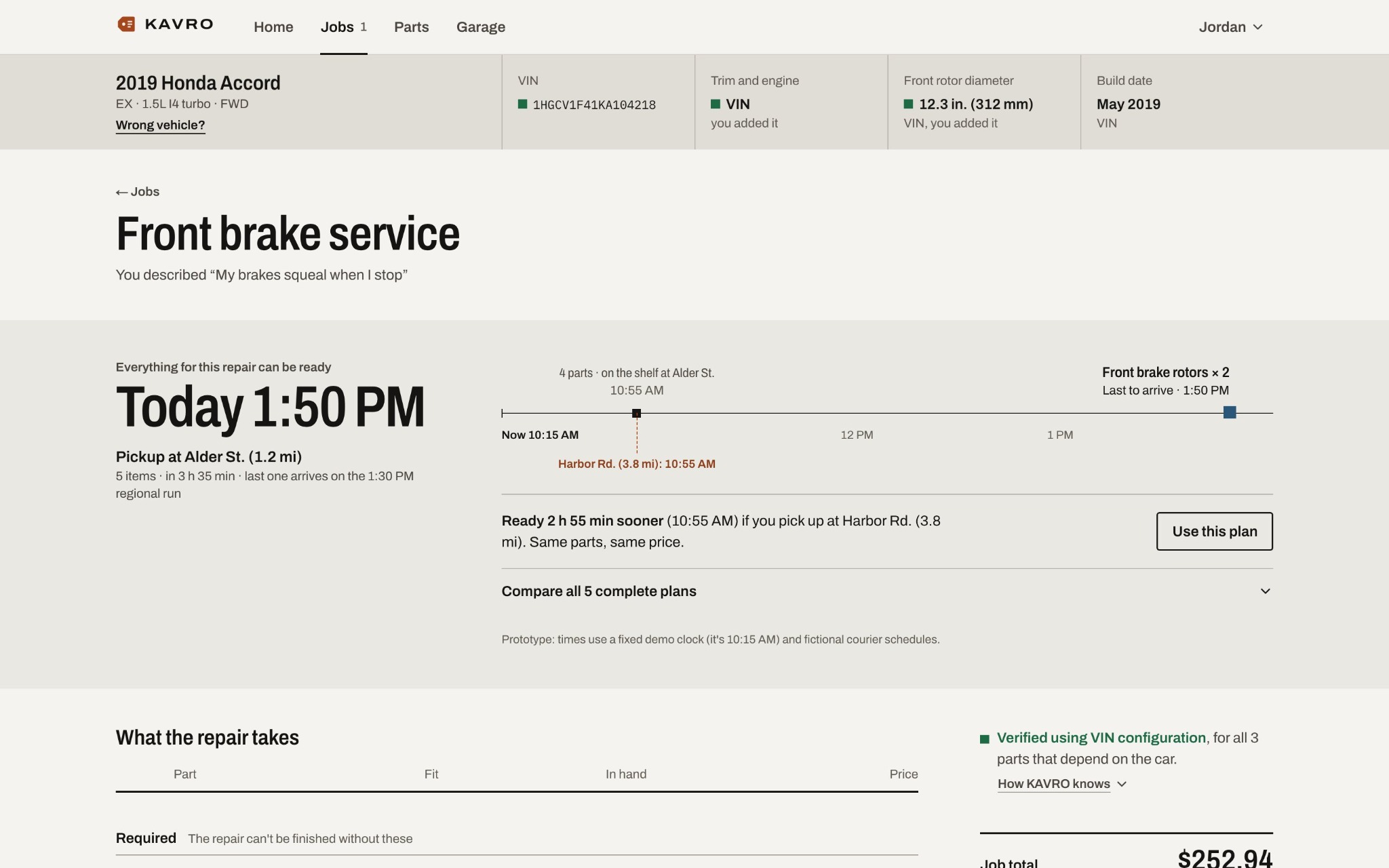 KAVRO Front brake service Job showing vehicle context, readiness timing and verified fit evidence.
