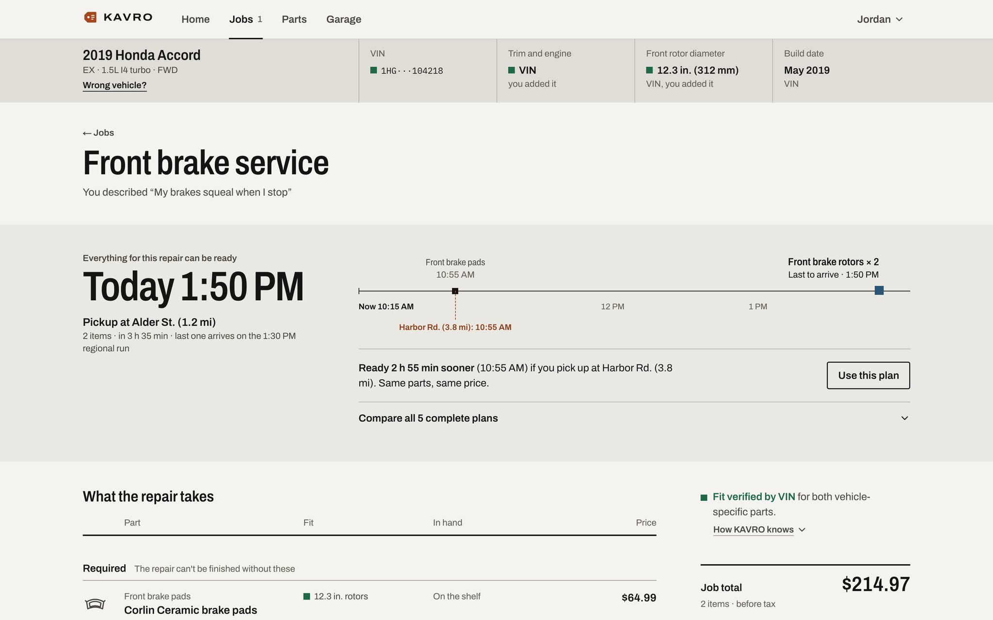 KAVRO Front brake service Job showing vehicle context, readiness timing and verified fit evidence.
